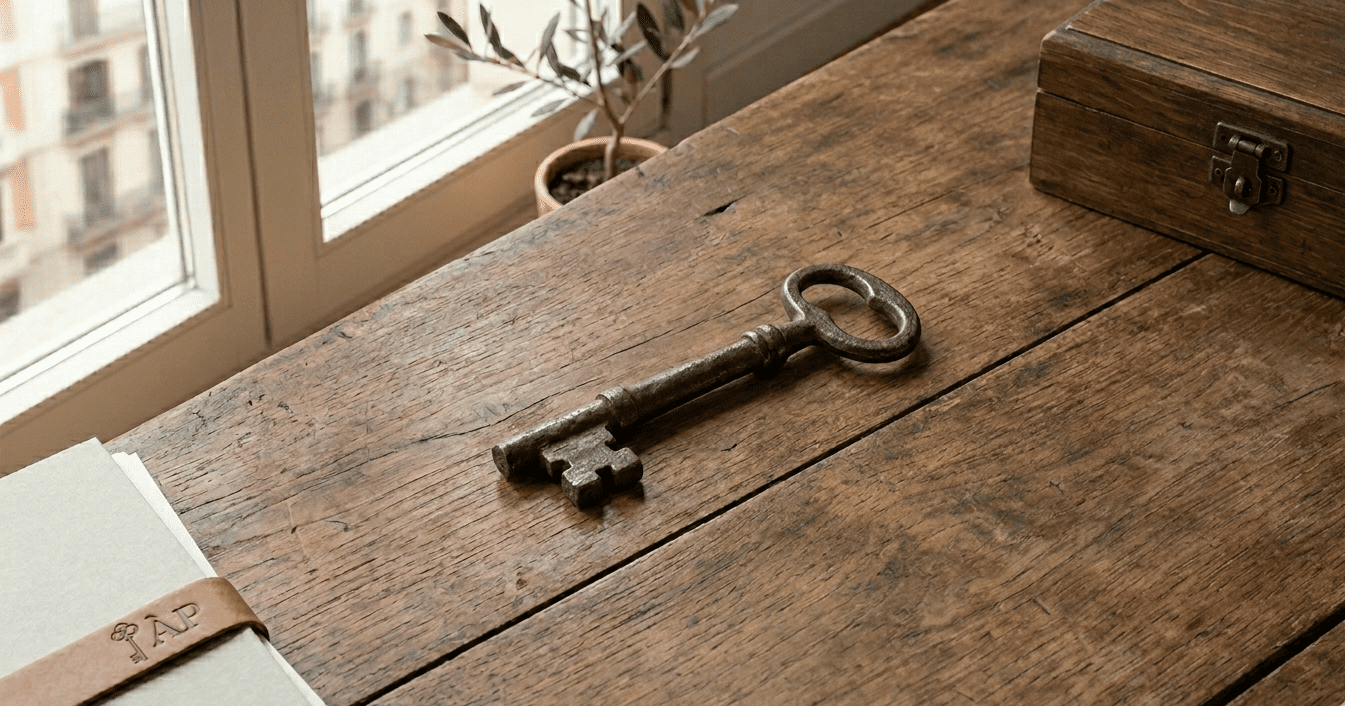 Llave antigua sobre mesa de despacho de madera para representar la liberación de cargas y cancelación de hipotecas en el Registro de la Propiedad.