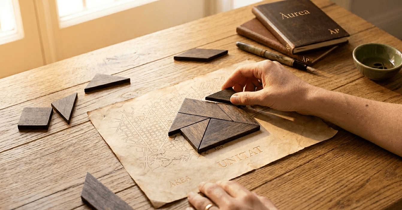 Imagen conceptual de una extinción de condominio en Catalunya con piezas de madera encajando sobre un plano de Barcelona y libreta de Àurea Patrimonial.