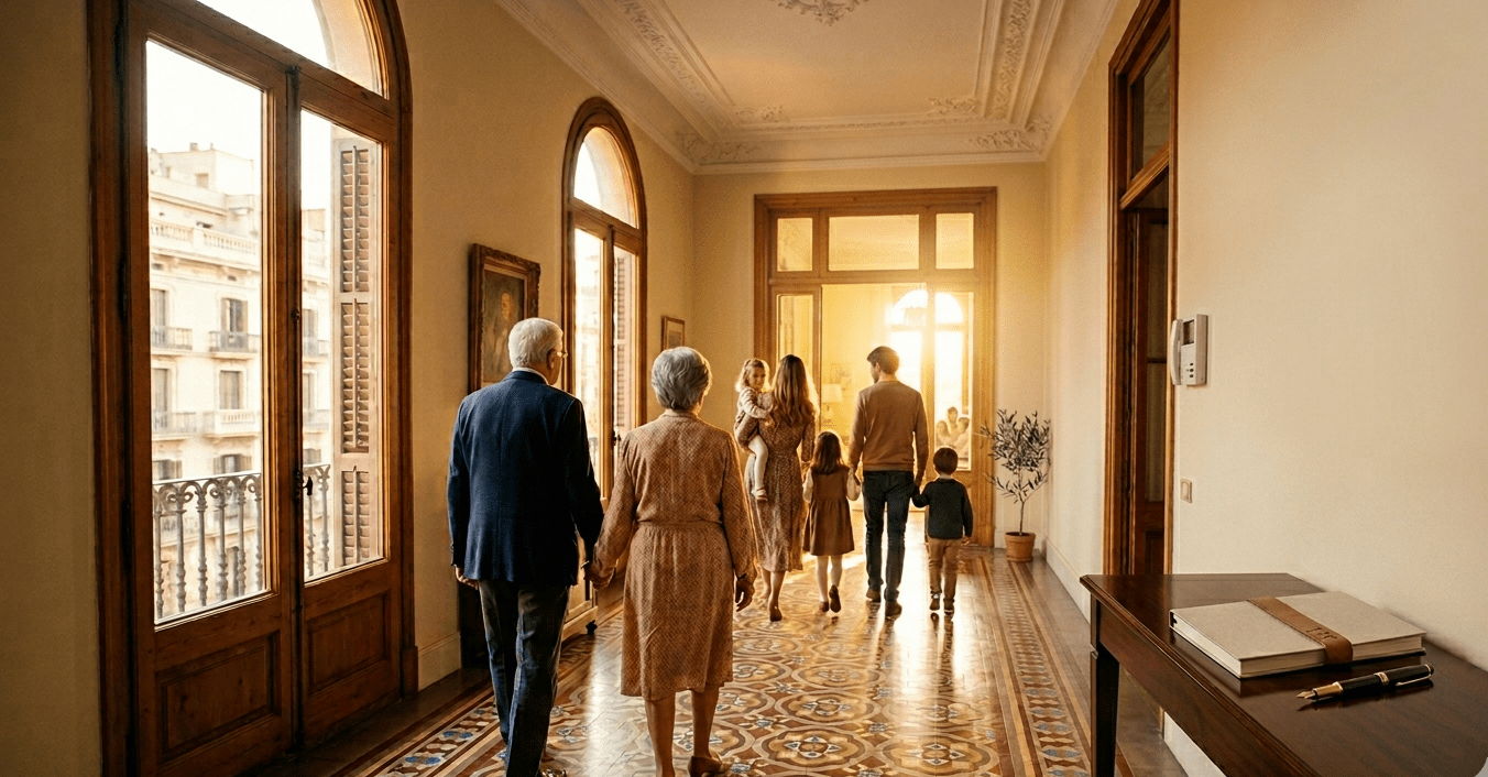 Familia caminando por un piso señorial del Eixample de Barcelona con luz cálida, representando el legado familiar y la gestión de herencias y sucesiones por Àurea Patrimonial.