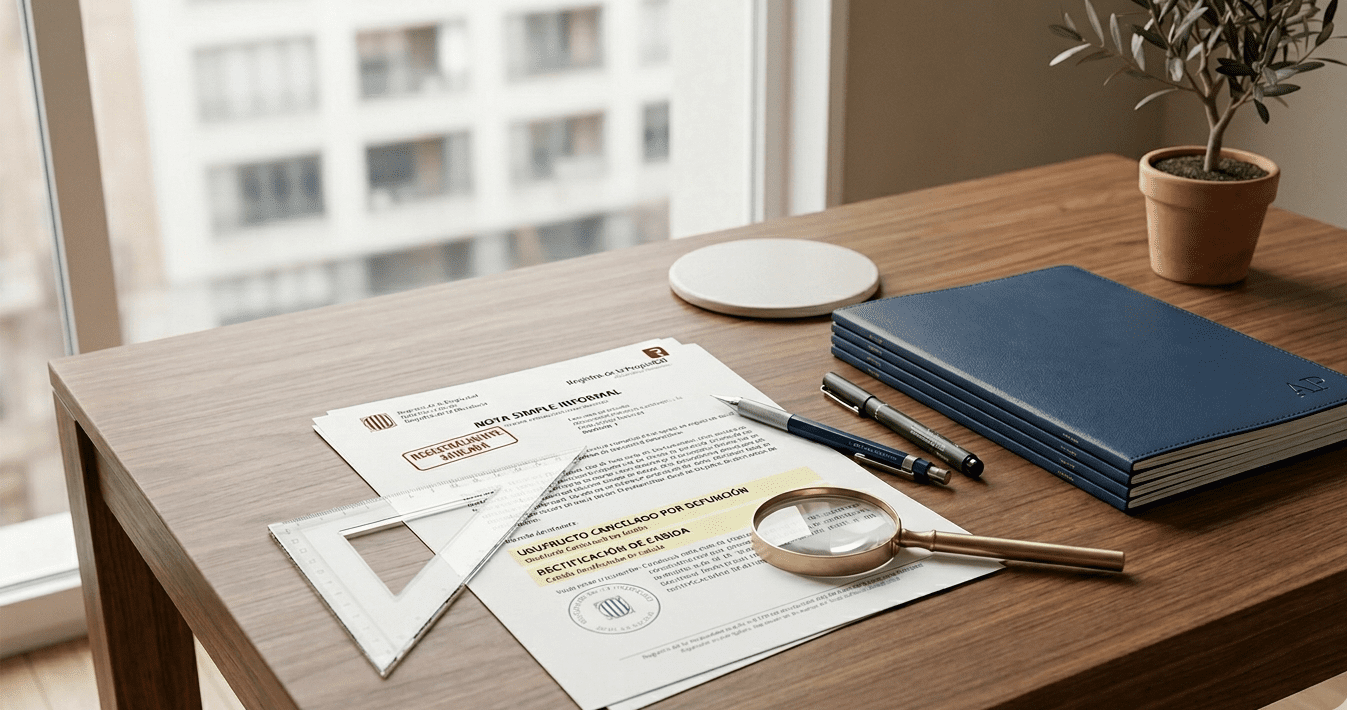 Documentos de gestión registral y nota simple sobre mesa de despacho en Barcelona para cancelación de usufructo y rectificación de fincas.