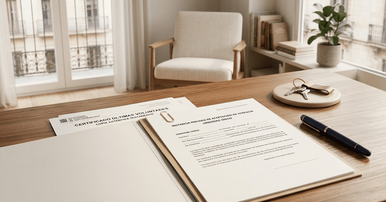 Instancia privada para aceptación de herencia simple y de heredero único en Catalunya y Barcelona, sin notario
