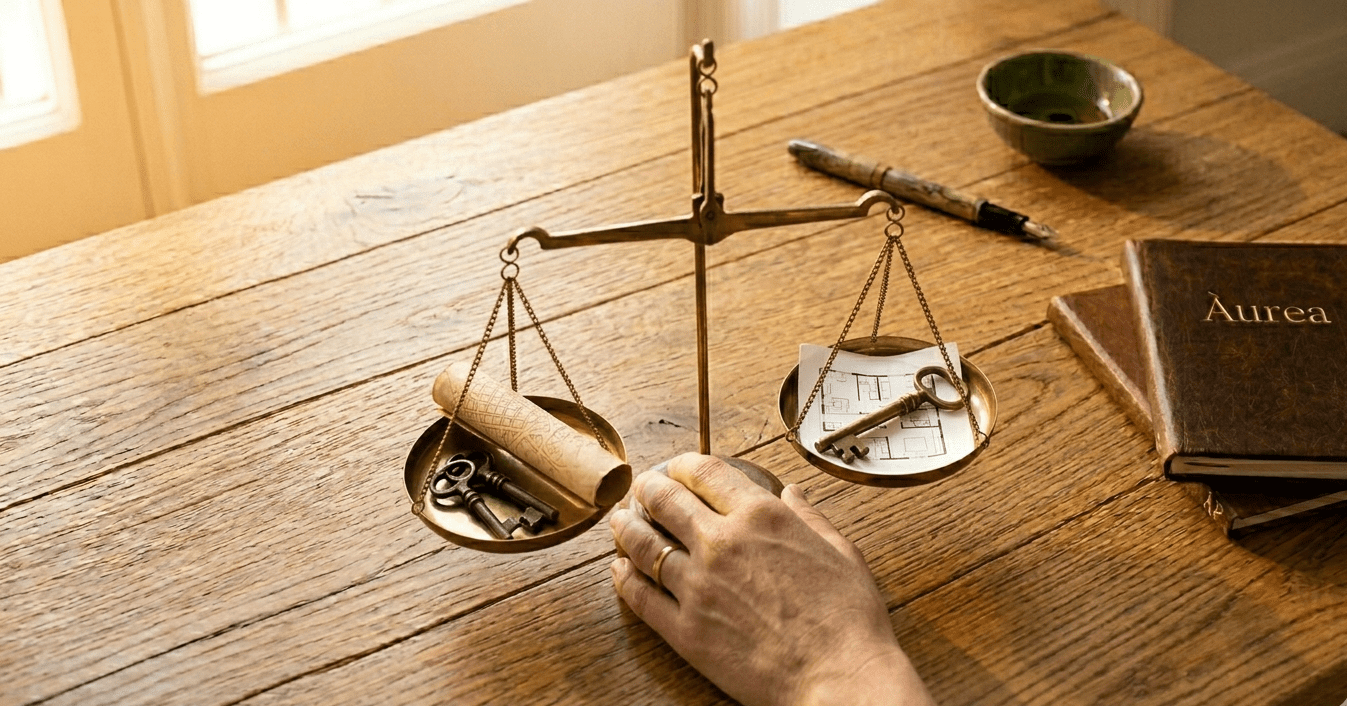 Balanza de latón en equilibrio con llaves y planos sobre una mesa de madera, representando una permuta inmobiliaria gestionada por Àurea Patrimonial en Barcelona.