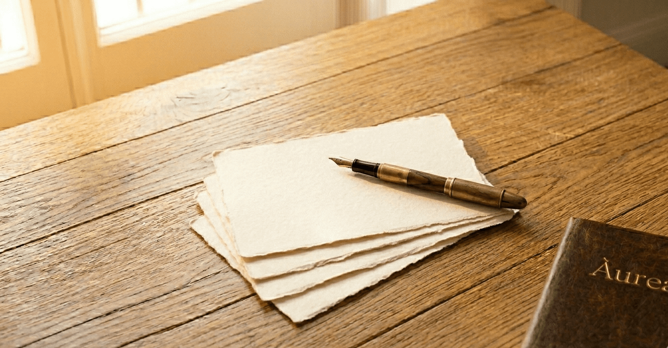 Pluma estilográfica sobre papel de hilo artesanal y libreta de Àurea Patrimonial, representando la resolución de dudas legales y fiscales en Barcelona.