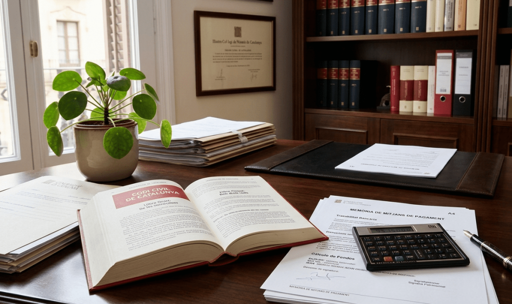 Estudio de títulos y justificantes de medios de pago sobre mesa de despacho notarial.