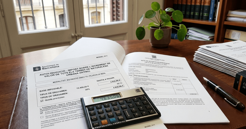 Formulario de autoliquidación de la plusvalía municipal junto a una escritura de aceptación de herencia en Catalunya.