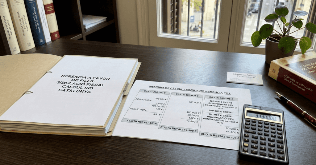 Memoria de cálculo y simulación fiscal del impuesto de sucesiones en Catalunya sobre una mesa de despacho.